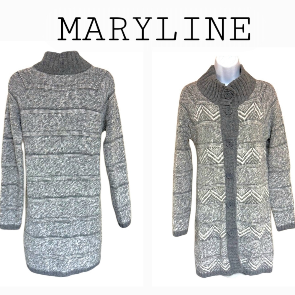 Maryline Made In Italy Long Line Gray Fair Isle Pattern Wool Blend Cardigan SM